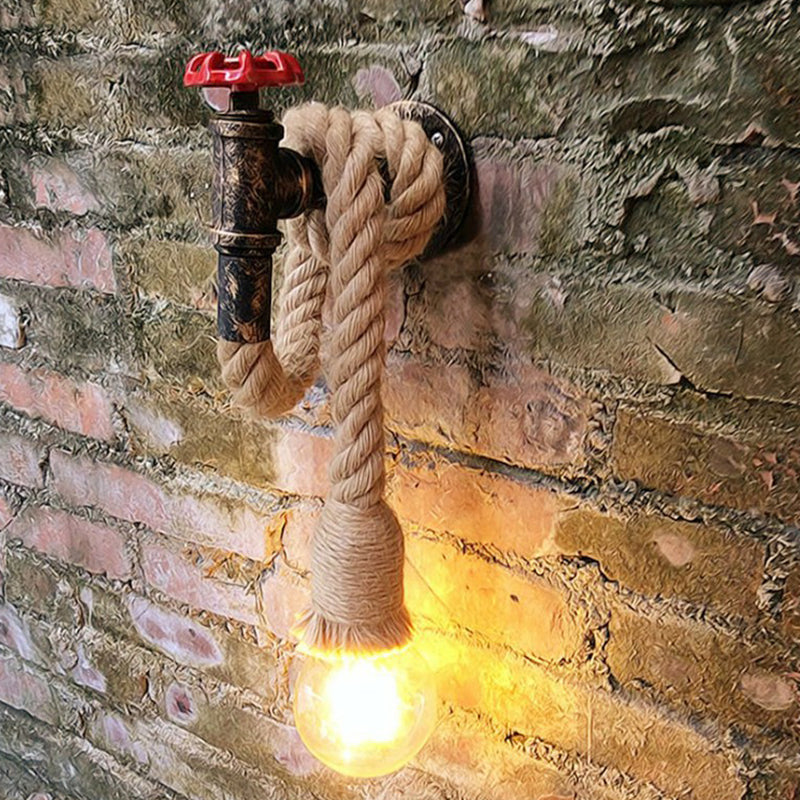 Avtoit | Industrial Faucet Wall Lamp 1-Light Hemp Rope Wall Mounted Lamp in Brown for Wine Bar