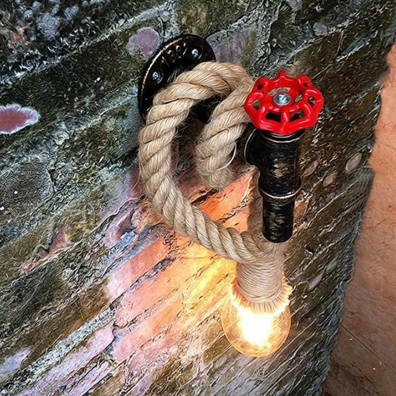 Avtoit | Industrial Faucet Wall Lamp 1-Light Hemp Rope Wall Mounted Lamp in Brown for Wine Bar