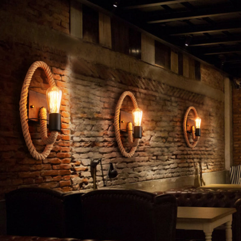 Avtoit | Single rope wrapped wall light farmhouse brown oval/round dining room wall mounted light with open lamp design