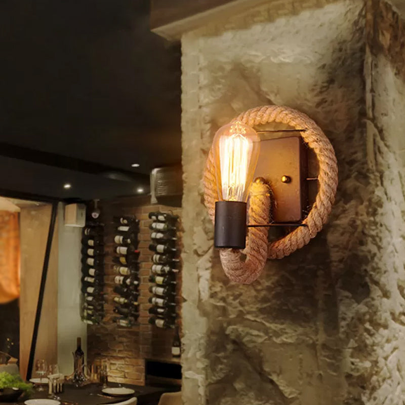 Avtoit | Single rope wrapped wall light farmhouse brown oval/round dining room wall mounted light with open lamp design