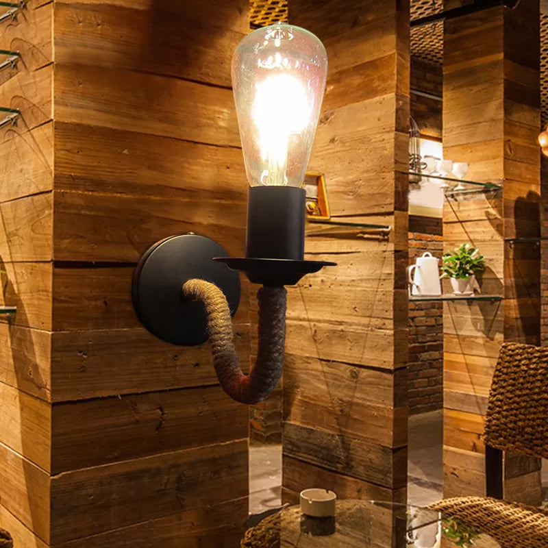 Avtoit | Rope wrapping Arm Wall lamp Rustic 1 head Bathroom wall-mounted lamp with Open bulb design in Black