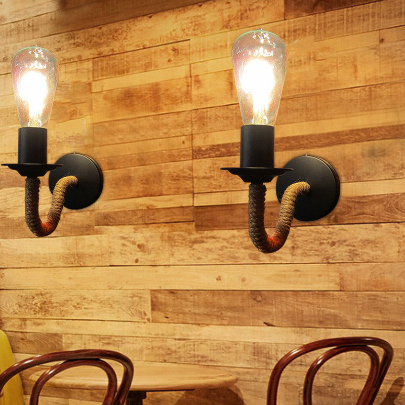 Avtoit | Rope wrapping Arm Wall lamp Rustic 1 head Bathroom wall-mounted lamp with Open bulb design in Black
