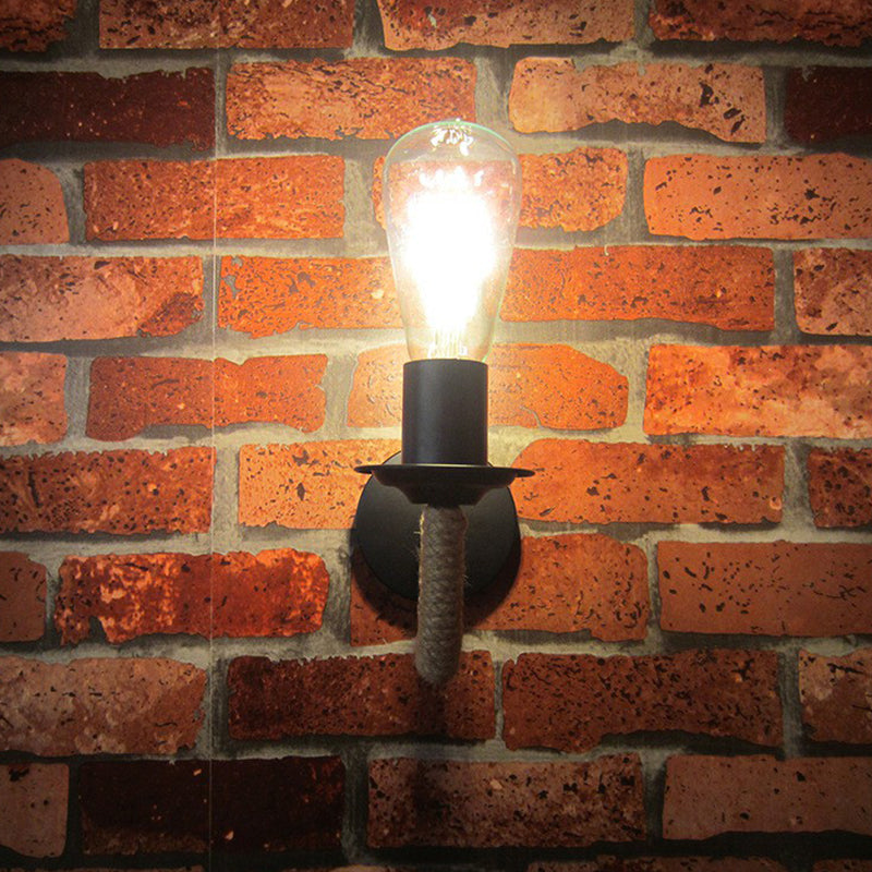 Avtoit | Rope wrapping Arm Wall lamp Rustic 1 head Bathroom wall-mounted lamp with Open bulb design in Black