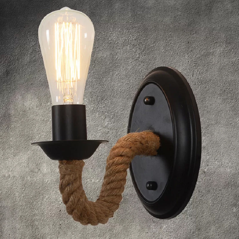 Avtoit | Black 1 Bulb Wall Lamp Fixture Lodge Metal Oval/Round Back Plate Wall Light with Curved Rope Arm