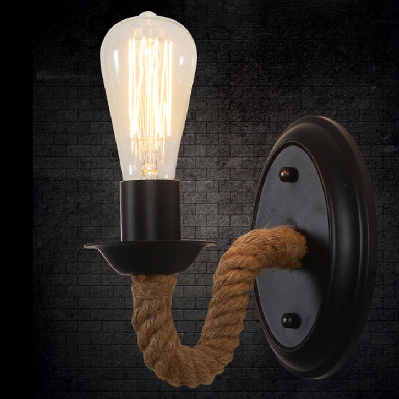 Avtoit | Black 1 Bulb Wall Lamp Fixture Lodge Metal Oval/Round Back Plate Wall Light with Curved Rope Arm