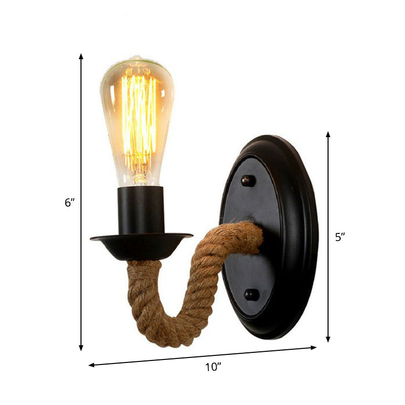 Avtoit | Black 1 Bulb Wall Lamp Fixture Lodge Metal Oval/Round Back Plate Wall Light with Curved Rope Arm