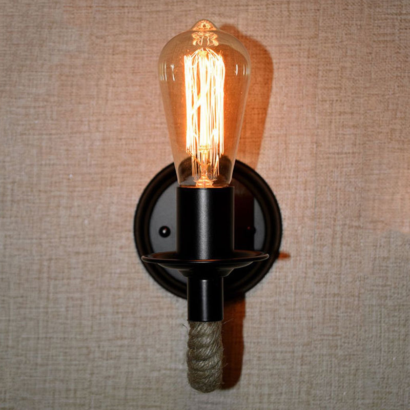 Avtoit | Black 1 Bulb Wall Lamp Fixture Lodge Metal Oval/Round Back Plate Wall Light with Curved Rope Arm