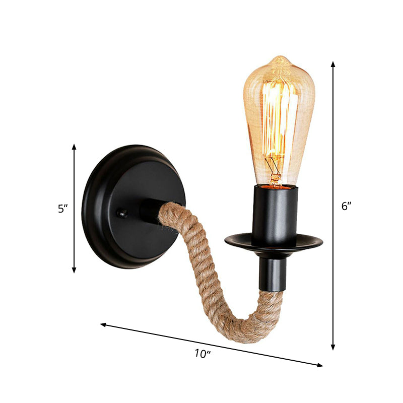 Avtoit | Black 1 Bulb Wall Lamp Fixture Lodge Metal Oval/Round Back Plate Wall Light with Curved Rope Arm