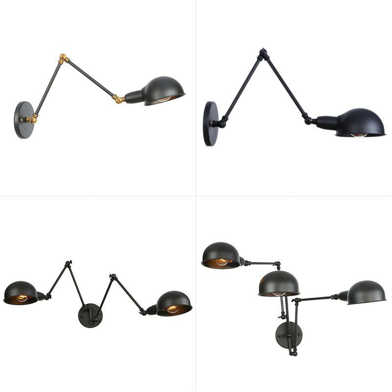 Avtoit | Industrial Dome-Shaped Wall Lamp Kit Single Bulb Iron Wall Mount Lighting Fixture with Swing Arm in Black, 6"+6"/12"+6" W