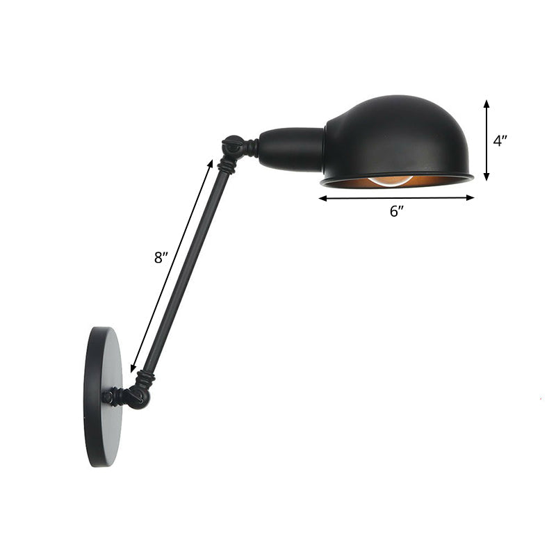 Avtoit | Industrial Dome-Shaped Wall Lamp Kit Single Bulb Iron Wall Mount Lighting Fixture with Swing Arm in Black, 6"+6"/12"+6" W