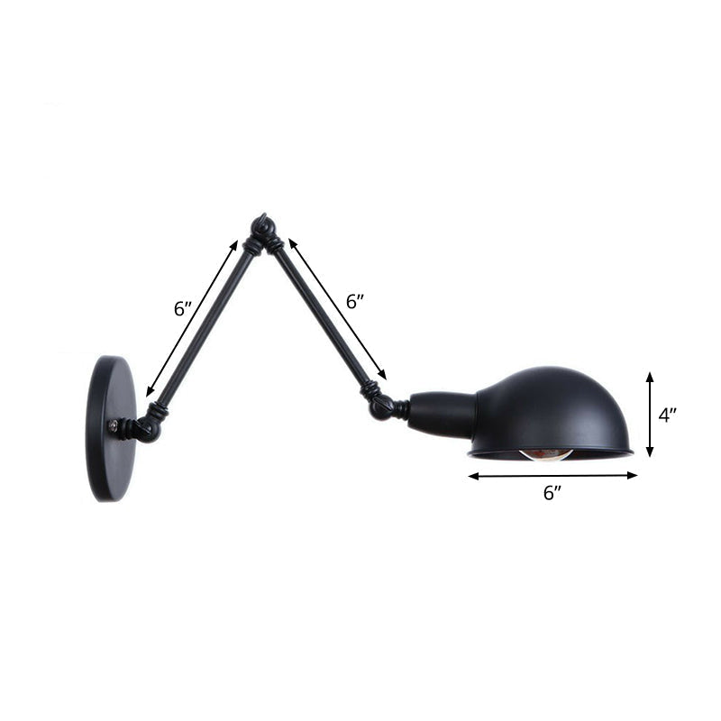 Avtoit | Industrial Dome-Shaped Wall Lamp Kit Single Bulb Iron Wall Mount Lighting Fixture with Swing Arm in Black, 6"+6"/12"+6" W