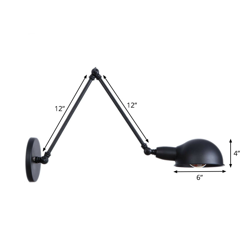 Avtoit | Industrial Dome-Shaped Wall Lamp Kit Single Bulb Iron Wall Mount Lighting Fixture with Swing Arm in Black, 6"+6"/12"+6" W