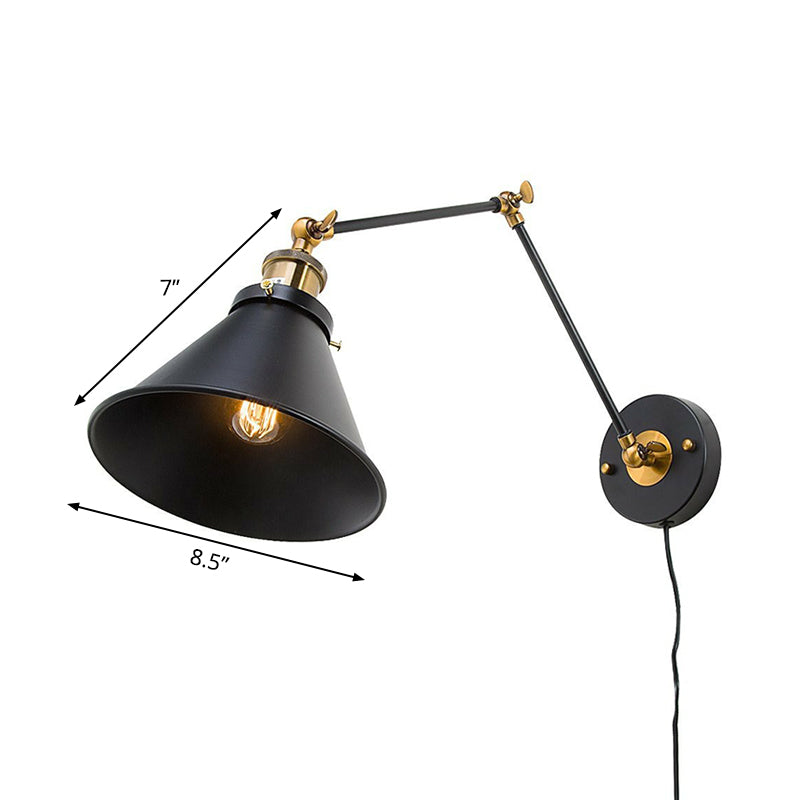 Avtoit | Iron Black Finish Reading Wall Lamp Roll-Edge Conical Single Industrial Plug/Plug-less Wall Lighting with Swingarm
