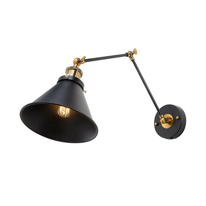 Avtoit | Iron Black Finish Reading Wall Lamp Roll-Edge Conical Single Industrial Plug/Plug-less Wall Lighting with Swingarm