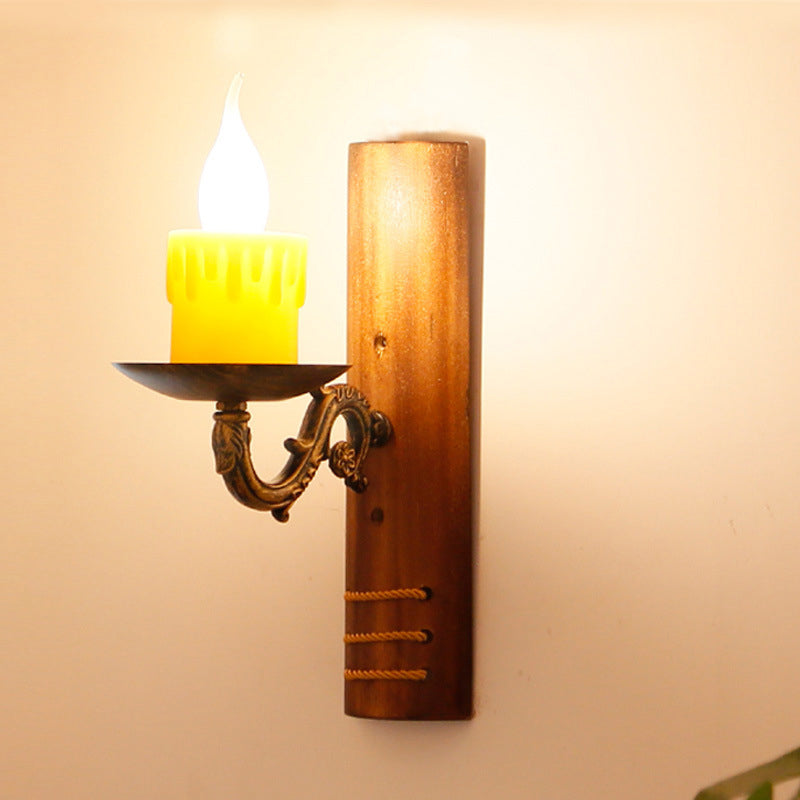 Avtoit | Brown rectangular wall light Cottage Bamboo 1 bulb living room wall light with flameless candle