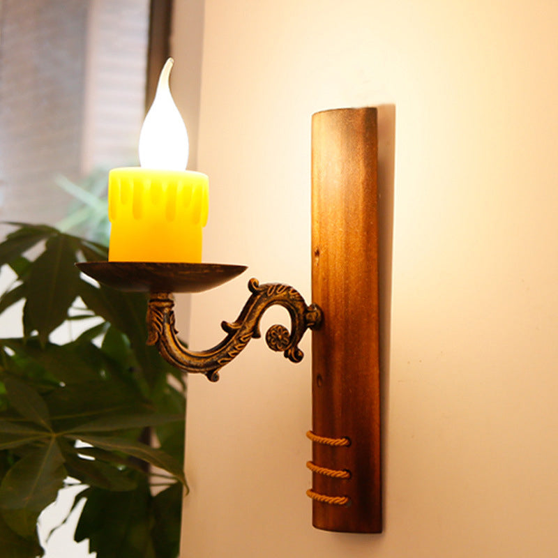 Avtoit | Brown rectangular wall light Cottage Bamboo 1 bulb living room wall light with flameless candle
