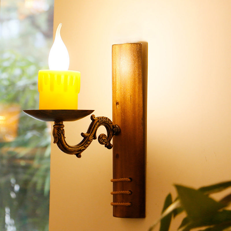 Avtoit | Brown rectangular wall light Cottage Bamboo 1 bulb living room wall light with flameless candle