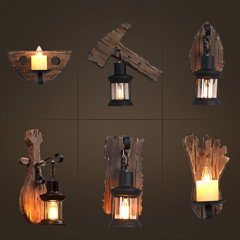 Avtoit | 1-Light Lantern Wall Light Kit Landscape Brown Clear Glass Wall Pendant Lamp with Rectangular/Semi-Circular Wood Backplate