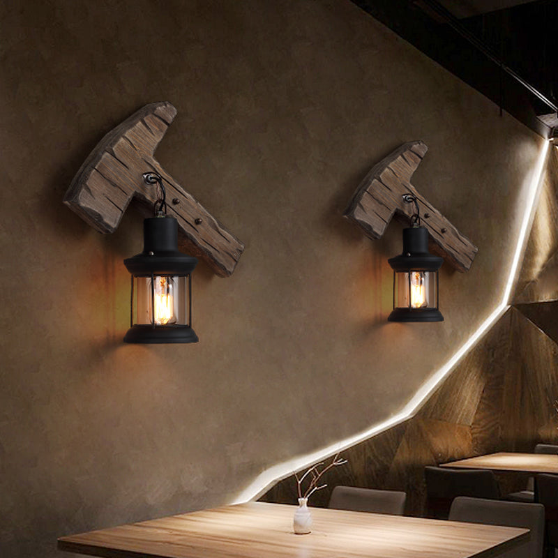 Avtoit | 1-Light Lantern Wall Light Kit Landscape Brown Clear Glass Wall Pendant Lamp with Rectangular/Semi-Circular Wood Backplate