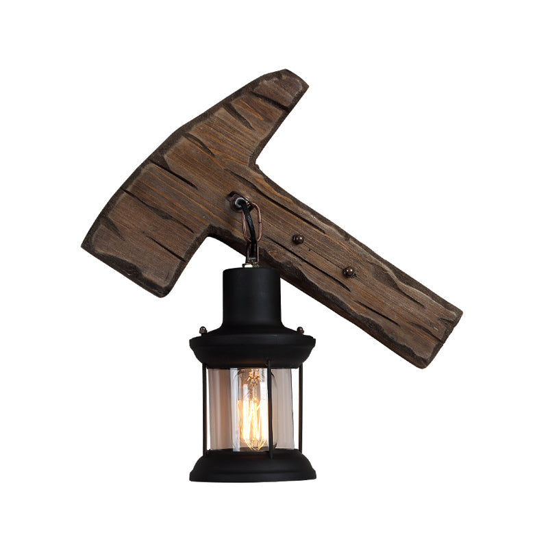 Avtoit | 1-Light Lantern Wall Light Kit Landscape Brown Clear Glass Wall Pendant Lamp with Rectangular/Semi-Circular Wood Backplate