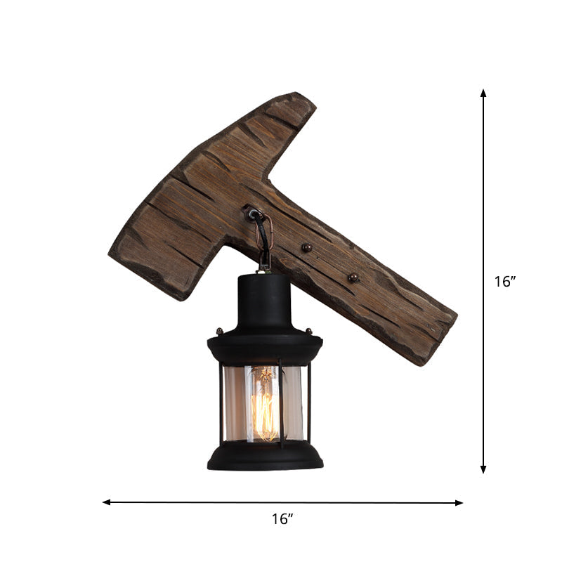 Avtoit | 1-Light Lantern Wall Light Kit Landscape Brown Clear Glass Wall Pendant Lamp with Rectangular/Semi-Circular Wood Backplate