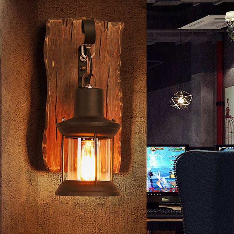 Avtoit | 1-Light Lantern Wall Light Kit Landscape Brown Clear Glass Wall Pendant Lamp with Rectangular/Semi-Circular Wood Backplate