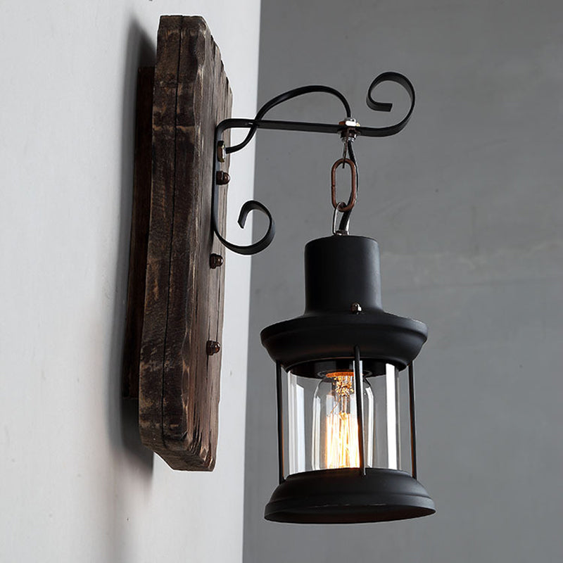Avtoit | 1-Light Lantern Wall Light Kit Landscape Brown Clear Glass Wall Pendant Lamp with Rectangular/Semi-Circular Wood Backplate