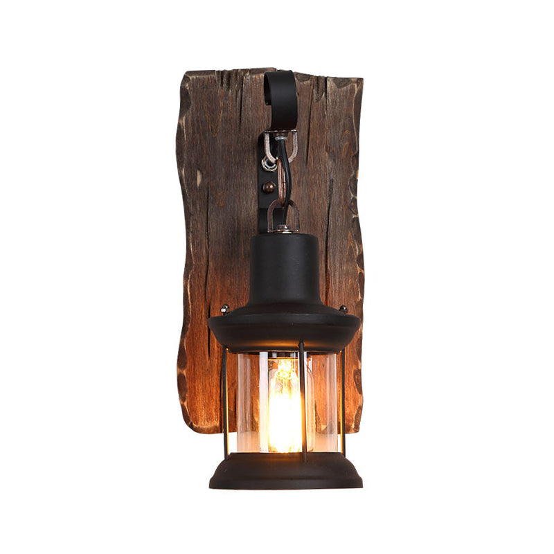 Avtoit | 1-Light Lantern Wall Light Kit Landscape Brown Clear Glass Wall Pendant Lamp with Rectangular/Semi-Circular Wood Backplate