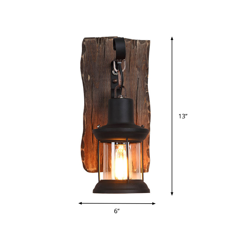 Avtoit | 1-Light Lantern Wall Light Kit Landscape Brown Clear Glass Wall Pendant Lamp with Rectangular/Semi-Circular Wood Backplate