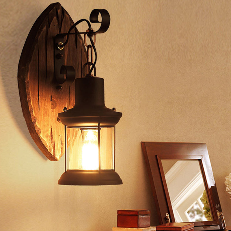 Avtoit | 1-Light Lantern Wall Light Kit Landscape Brown Clear Glass Wall Pendant Lamp with Rectangular/Semi-Circular Wood Backplate