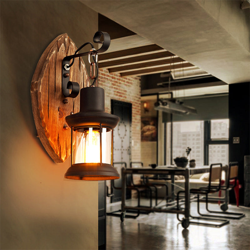 Avtoit | 1-Light Lantern Wall Light Kit Landscape Brown Clear Glass Wall Pendant Lamp with Rectangular/Semi-Circular Wood Backplate