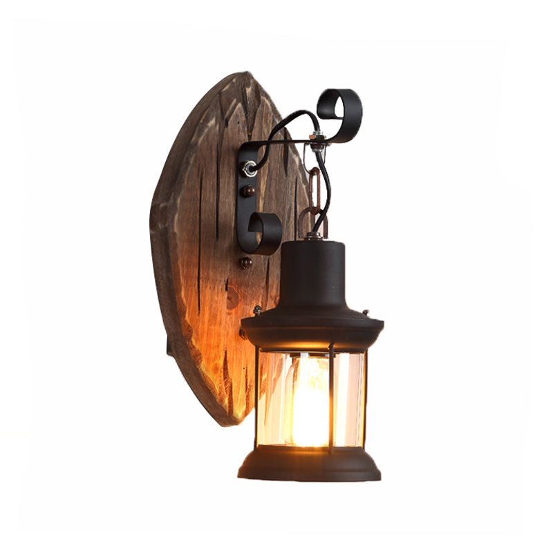 Avtoit | 1-Light Lantern Wall Light Kit Landscape Brown Clear Glass Wall Pendant Lamp with Rectangular/Semi-Circular Wood Backplate