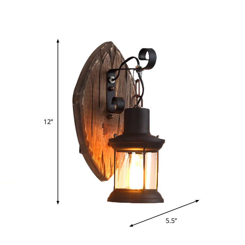 Avtoit | 1-Light Lantern Wall Light Kit Landscape Brown Clear Glass Wall Pendant Lamp with Rectangular/Semi-Circular Wood Backplate