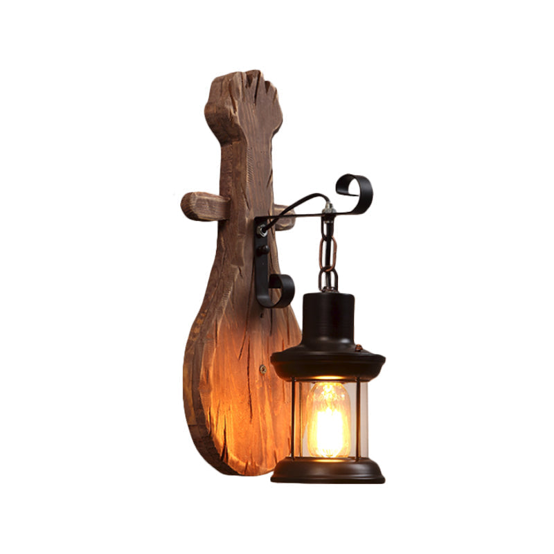 Avtoit | 1-Light Lantern Wall Light Kit Landscape Brown Clear Glass Wall Pendant Lamp with Rectangular/Semi-Circular Wood Backplate