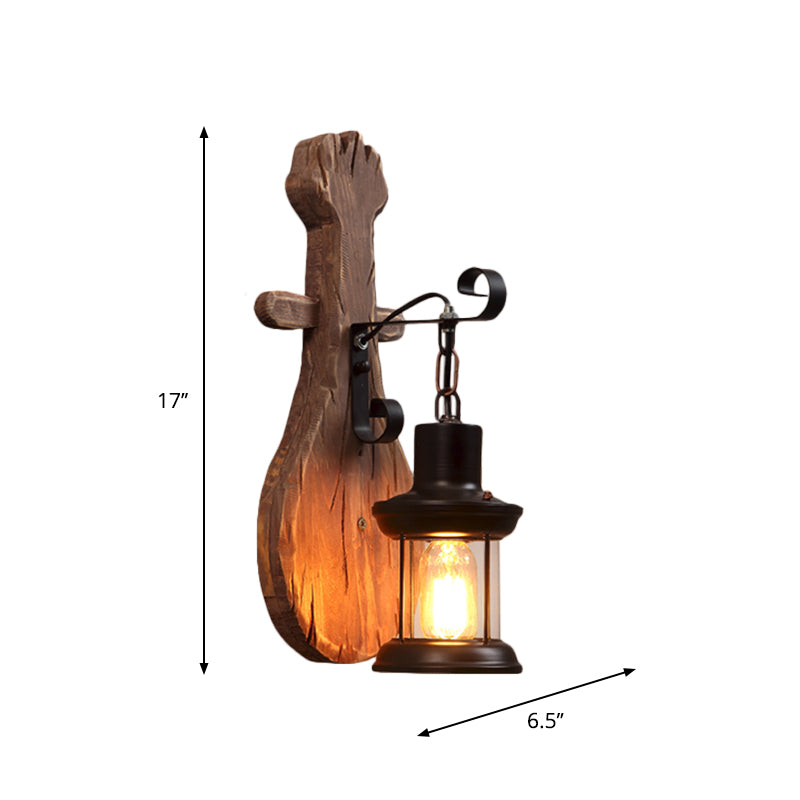 Avtoit | 1-Light Lantern Wall Light Kit Landscape Brown Clear Glass Wall Pendant Lamp with Rectangular/Semi-Circular Wood Backplate