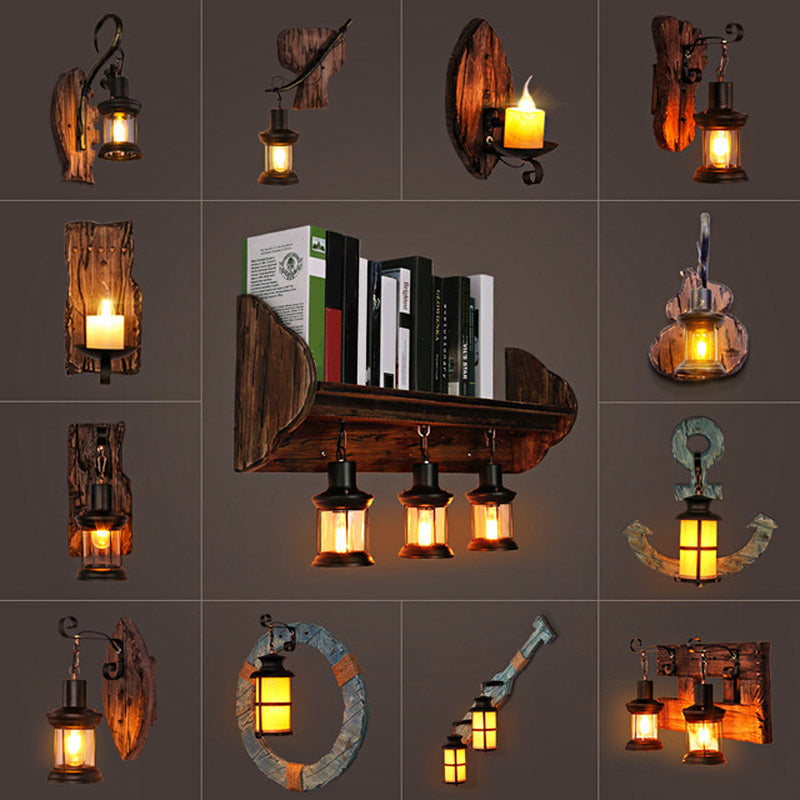 Avtoit | Oval/Fish-shaped Wooden Wall Sconce Light Rustic 1 Head Kitchen Wall-mounted Lamp with Candle/Lantern in Brown