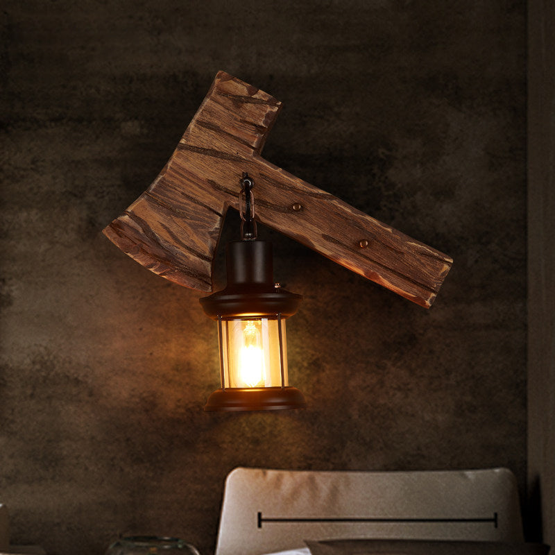 Avtoit | Oval/Fish-shaped Wooden Wall Sconce Light Rustic 1 Head Kitchen Wall-mounted Lamp with Candle/Lantern in Brown