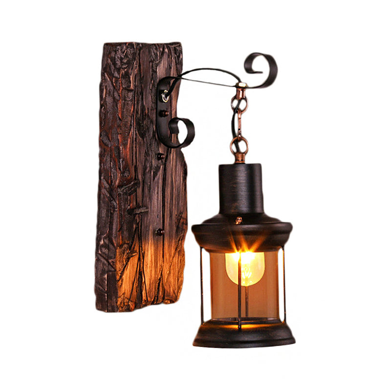 Avtoit | Brown Lantern Wall Hanging Lamp Nautical Wood Single Bulb Bistro Wall Mounted Lighting Fixture
