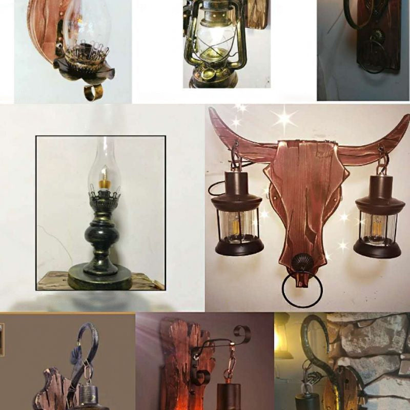Avtoit | 1/2-Light Clear Glass Wall Lamp Rustic Brown Lantern/Kerosene Kitchen Wall Mount Light with Ox/Oval Wooden Backplate