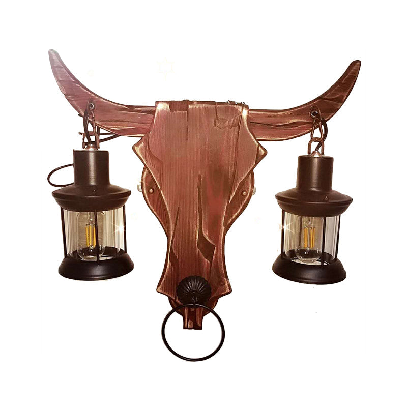 Avtoit | 1/2-Light Clear Glass Wall Lamp Rustic Brown Lantern/Kerosene Kitchen Wall Mount Light with Ox/Oval Wooden Backplate