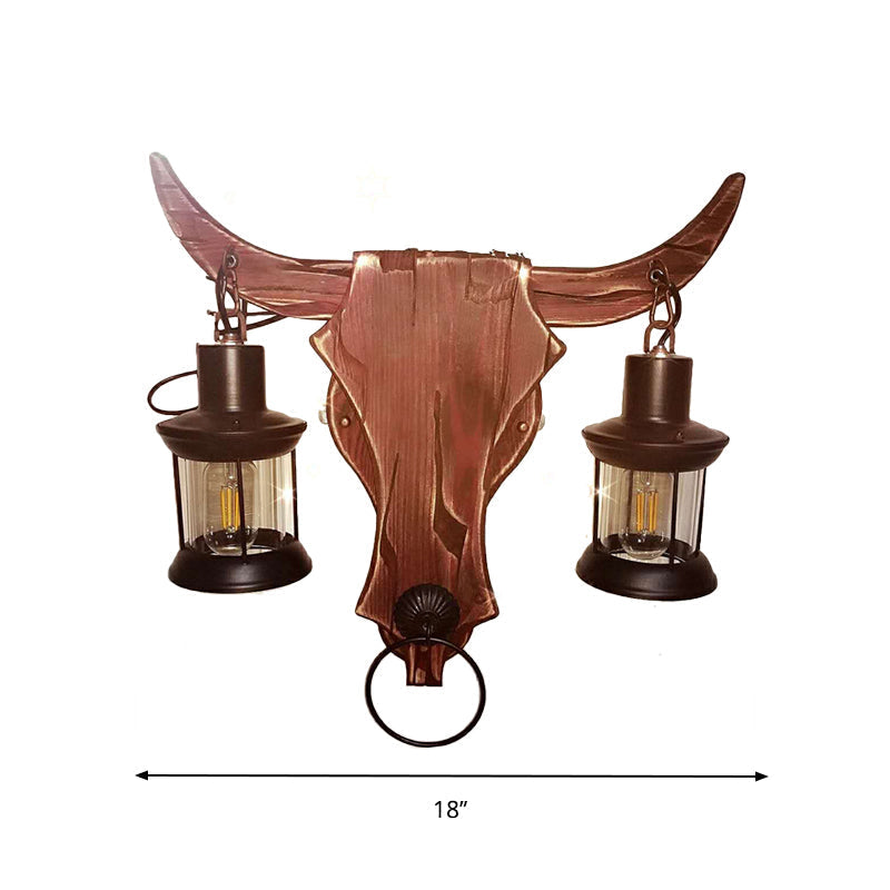 Avtoit | 1/2-Light Clear Glass Wall Lamp Rustic Brown Lantern/Kerosene Kitchen Wall Mount Light with Ox/Oval Wooden Backplate