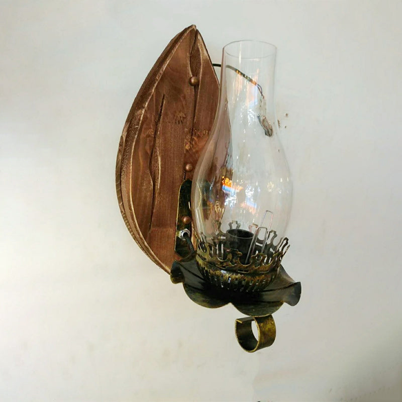 Avtoit | 1/2-Light Clear Glass Wall Lamp Rustic Brown Lantern/Kerosene Kitchen Wall Mount Light with Ox/Oval Wooden Backplate