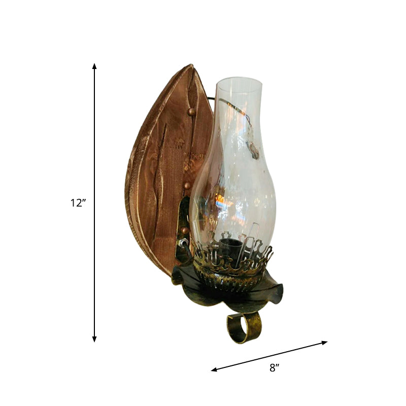 Avtoit | 1/2-Light Clear Glass Wall Lamp Rustic Brown Lantern/Kerosene Kitchen Wall Mount Light with Ox/Oval Wooden Backplate