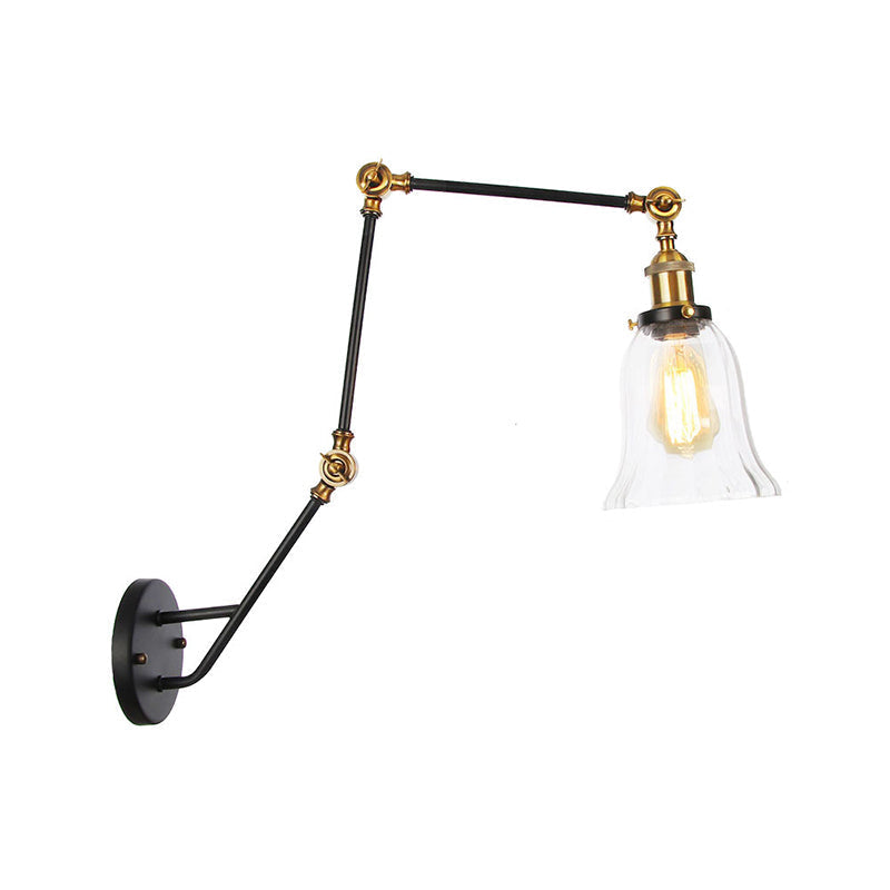 Avtoit | Adjustable 3-Joint Arm Iron Wall Lamp Industry 1 Head Bedroom Wall Reading Light with Globe/Saucer Clear Glass Shade