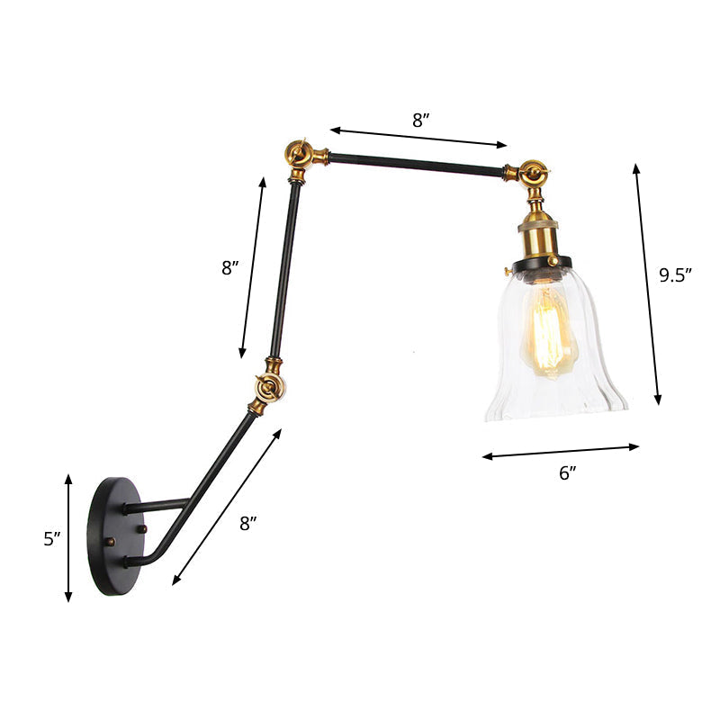 Avtoit | Adjustable 3-Joint Arm Iron Wall Lamp Industry 1 Head Bedroom Wall Reading Light with Globe/Saucer Clear Glass Shade