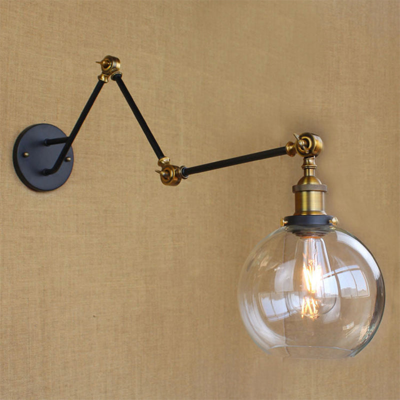 Avtoit | Adjustable 3-Joint Arm Iron Wall Lamp Industry 1 Head Bedroom Wall Reading Light with Globe/Saucer Clear Glass Shade