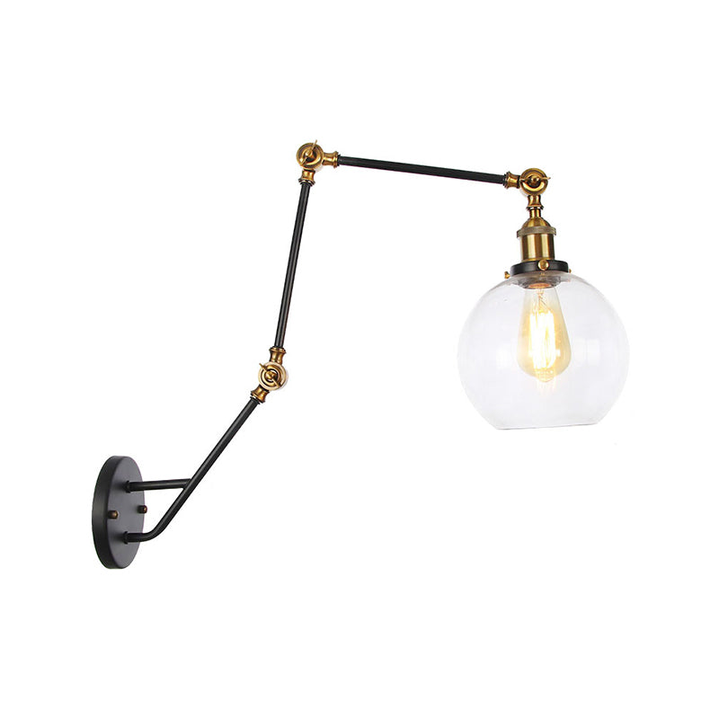Avtoit | Adjustable 3-Joint Arm Iron Wall Lamp Industry 1 Head Bedroom Wall Reading Light with Globe/Saucer Clear Glass Shade