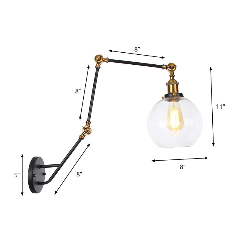 Avtoit | Adjustable 3-Joint Arm Iron Wall Lamp Industry 1 Head Bedroom Wall Reading Light with Globe/Saucer Clear Glass Shade