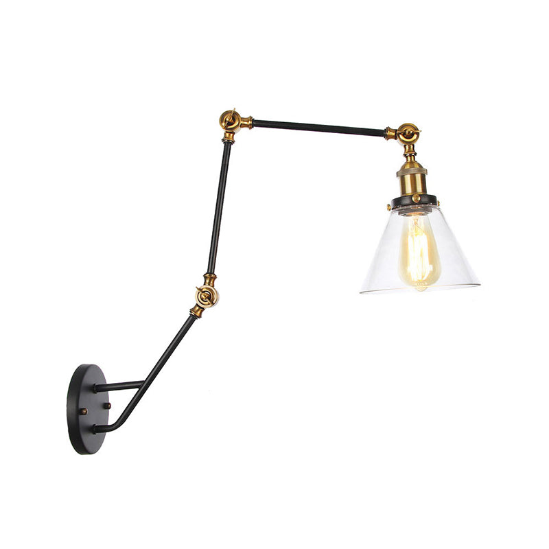 Avtoit | Adjustable 3-Joint Arm Iron Wall Lamp Industry 1 Head Bedroom Wall Reading Light with Globe/Saucer Clear Glass Shade
