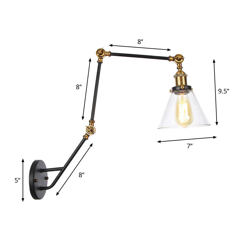Avtoit | Adjustable 3-Joint Arm Iron Wall Lamp Industry 1 Head Bedroom Wall Reading Light with Globe/Saucer Clear Glass Shade